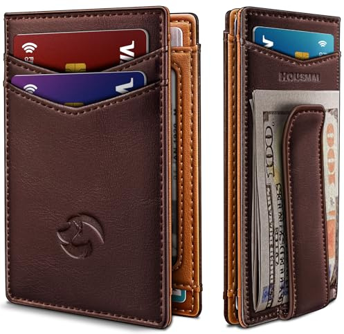 Housmai Cartera delgada con cierre magnético para hombre con clip para dinero en caja de regalo, cartera de bolsillo frontal de piel auténtica, 3.9 x 2.7 pulgadas, bloqueo RFID, Burnt Umber061, Talla