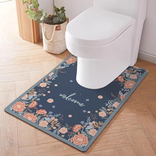 Treer Bath Mat Non Slip, Floral Pattern Diatomite Toilet Mat U Shape, Absorbent Pedestal WC Toilet Rug Quick Dry for Bathroom Floor, Washable Easy to Clean (Blue,60 * 90cm)