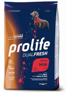 Prolife Perro Adult Dualfresh Mini Ternera, Ganso y Arroz, alimento seco completo para perros adultos de talla pequeña, paquete de 2 kg