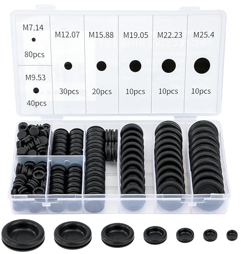 200 Pezzi Set Passacavi in ​​Gomma, Tappi in Gomma Nera 7 Dimensioni, Guarnizioni Spina per Proteggere Fili, Connettori per Cavi, Nero