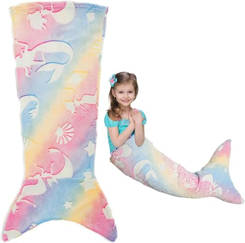 Dandelionsky 50x100cm Mermaid Tail Blanket, Luminous Little Mermaid Blanket for Girls Gifts, Ultra-Soft Flannel Sleeping Blankets Fish Scale Pattern Snuggle Blankets for Toddlers Birthday (colorful)