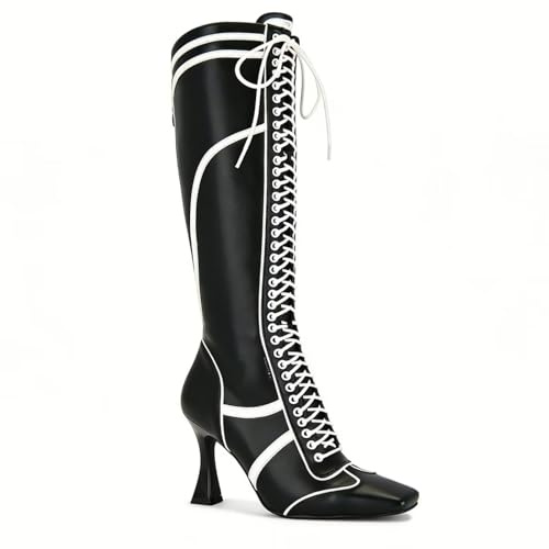 Greemarliy Elegant Black White Lace Up High Heel Knee High Boots