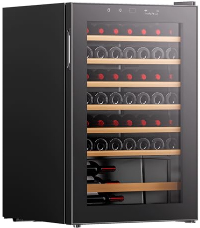 HYE Wine Cooler - Wine Fridge With 48 Bottle/130L Storage, 54CM Width, Wooden Shelves, LED Top Lighting, Temperature Range Adjustment, 40 dB Operation, Perfect For Large Collections - RF01WC48B31