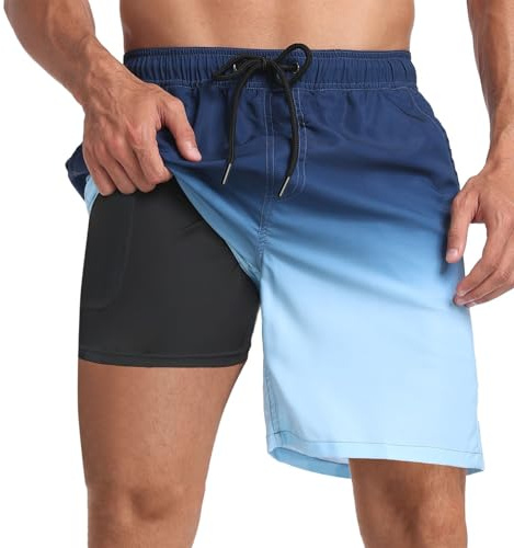 Generico Costume da Bagno da Uomo con Boxer Slip Foderato Gradiente Pantaloncini Boxer Mare Fodera a Compressione 2 in 1 Pantaloni Corti da Spiaggia con Tasca con Cerniera Surf ed Asciugatura Rapida