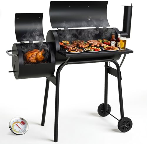TLSUNNY BBQ smoker grill, kolgrillvagn med skorsten, termometer, grillhylla, justerbara ventilationsspår, 2 hjul, rökgrill för trädgård, terrass, camping och grillfester