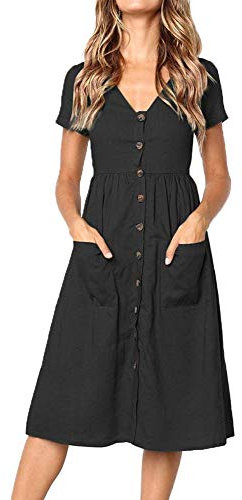 Summer Dresses for Women Casual Midi Dress Short Sleeve V Neck Button Decoration Swing A Line Tunic Dress with Pockets Size XL = UK 14-16