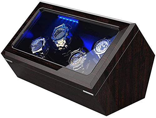High End Watch Winder for 4 Watches with Soft Flexible Watch Pillows, Blue Led Light, Open and Shut Down Featured, Pine Bark Pattern