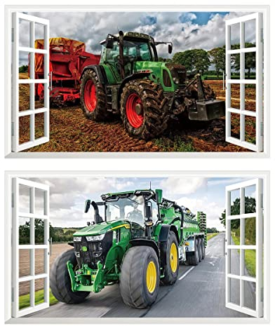 2Pcs Wandtattoo Traktor Trecker 3D Effekt XXL Farm Feld Landwirtschaft Wandaufkleber Fenster Selbstklebend für Junge Kinderzimmer Groß 1000mmx600mm