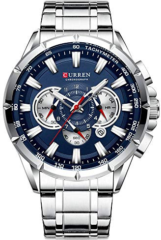 Curren 8363 Orologio al quarzo da uomo con tre sottoquadranti Display della data Cassa blu, Cinturino, Argento, 22, Sport