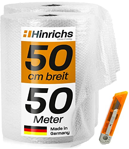 Hinrichs Luftpolsterfolie Rolle 2x 50m x 50 cm - Ideal für Versand, Verpackung und Umzug - 100% recyclingfähig - Bubble Wrap als Verpackungsmaterial - Noppenfolie - Polstermaterial