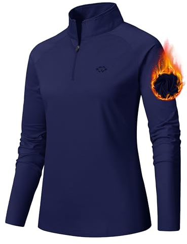 AjezMax Camiseta Deporte Mujer de Manga Larga Camisetas Corriendo Invierno Secado Rápido Sudadera de 1/4 Zip con Agujeros para los Pulgares Azul Marino Medium