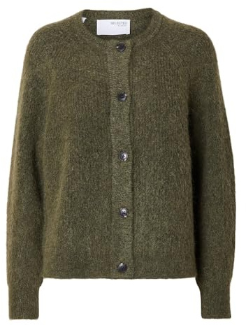 Selected Damen Strickjacke Relaxed Fit Rundhals Raglanärmel Fallmaschen, Farben:Grün, Größe:L
