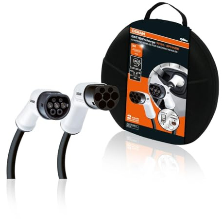 OSRAM BATTERYcharge 7PIN | 3PHASE, laddkabel för elbilar, kompatibel med alla typ 2 fordon och typ 2 32A 3-fas laddningspunkter med en 32A laddningshastighet på upp till 22 kWh. 5 meters kabellängd