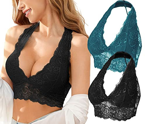 SHEKINI Bralette Damen Spitze BH ohne Bügel Neckholder BH Bustier Gepolstert BH V-Ausschnitt Sexy BHS Top Bügelloser Elegant Unterwäsche Frauen 2er Pack