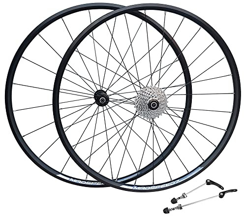 QR 700c (ETRTO 622x16) Road Racing Bike Wheel Set + 8 Speed Cassette (11-32t) - Sealed Bearing Hubs (Very Smooth hubs) - Tubeless Compatible – Super Lightweight - Suitable for rim brakes only