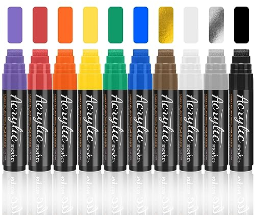 10 Farben 15mm Acrylstifte Breit, 3-in-1 Jumbo Acrylfarben Graffiti Stifte Acrylmarker für Steine Wasserfest, Permanent Marker Fein zum Bemalen Holz Glas Karton Blumentopf Körper Straßenkünstler