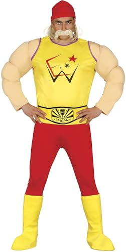 FIESTAS GUIRCA Unbesiegbarer Champion Wrestler Kostüm Herren mit Muskel Suit – Wrestling Maniac Kostüm Rot & Gelb mit Gepolstertem Muskelshirt – Kindheitshelden Kostüm Herren Gr. XL 54-56