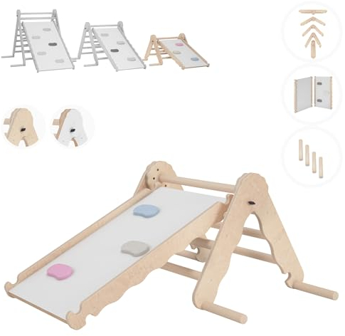 MAMOI® Triangolo con Scivolo in Legno Naturale per Bambini, Parete Arco Arrampicata per Uso Interno, Percorso Montessori a Partire da 1/2/3 Anni