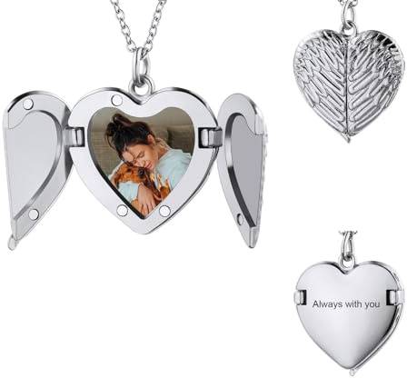 MunkiMix Collana Personalizzata con Medaglione a Cuore in Argento con Ali D'angelo Collana con Medaglione con Foto Gioielli Personalizzati per Donna Regali per la Festa Della Mamma (Stile C1)