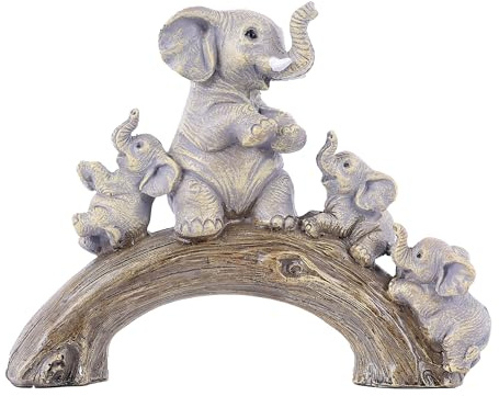 suruim Lindas estatuas de elefante: elefante de la buena suerte y sus tres hijos jugando en un puente de troncos para sala de estar, dormitorio, decoración de oficina (marrón)