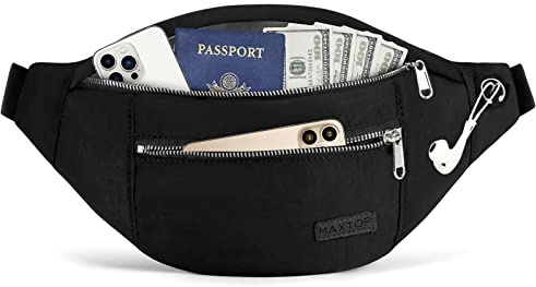 MAXTOP Large Bumbag Waist Fanny Pack Running Belt for Men Women Unisex Bum Bag with Headphone Jack and 4-Zipper Pockets Adjustable Belt for Travel Running Jogging Workout Hiking Gifts Iron Black