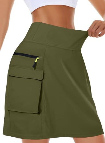 Kimmery Jupe Cargo à séchage Rapide pour Femme avec 5 Poches - Jupe de Golf Taille Haute pour randonnée décontractée, Vert Militaire, Taille M