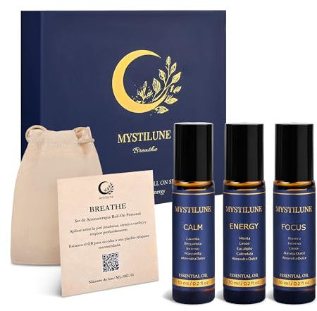MystiLune Breathe Roll On Aceites Esenciales – Calm, Focus Y Energy | Aromaterapia Natural 100% Vegana Con Pouch Premium | Regalos Originales para Mujer