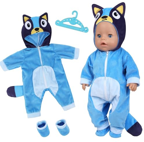 Doll Clothes Outfits Overalls for 14-17 Inch Baby Dolls, Doll Clothes with Hanger Socks, Blue Dog Clothes for 35-43cm Baby Dolls Birthday Gift for Girls Kids