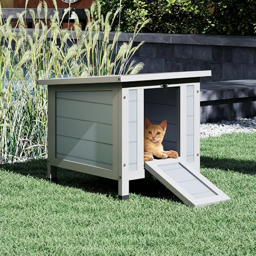 Furpal Tragbares Katzenhaus für draußen, wetterfest & Winterfest, mit klappbarem Dach und Rampe, Holz-Katzenhütte Outdoor 51×40×43,5 cm, für Katzen, Igel, Kaninchen u.a. Kleintiere – Grau/Schwarz