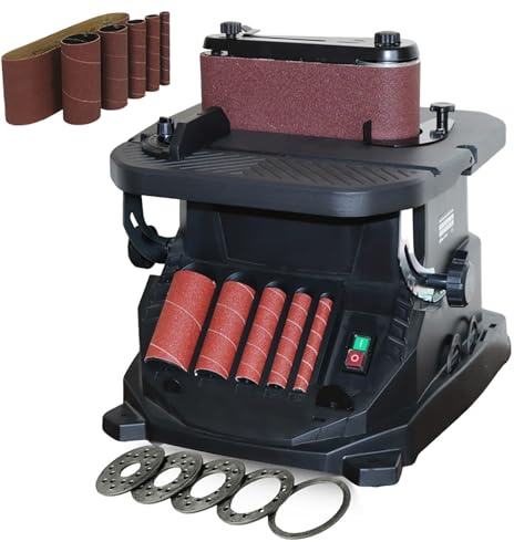 This Woodworking Machine Combines a Vertical Swing Spindle Sander and a Belt Sander, Equipped Belt Tilting Worktable for Grinding Curves, Contours, and workpieces