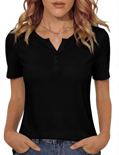 Totatuit T-Shirt da Donna a Manica Corta Scollo a V Estiva Modello Henley con Bottoni Tinta Unita Top Casual Basic
