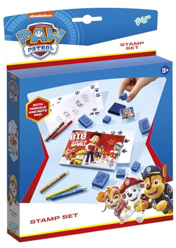 Totum 720336 Paw Patrol Marshall und Chase Stempelset/Kreativset aus 7 Motiv Stempel, Stempelkissen in blau, Malblock und 5 Buntstiften, ab 3 Jahren