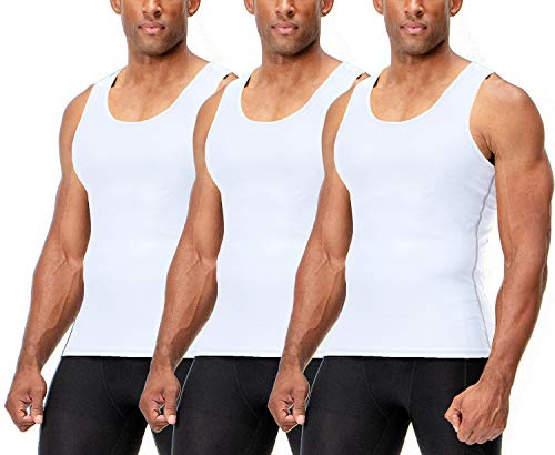 DEVOPS 3 Pack Men's Muscle Dry Fit Compression Tank Top, Sleeveless Workout Shirt for Gym, Running and Training Base Layer (Large, White/White/White)