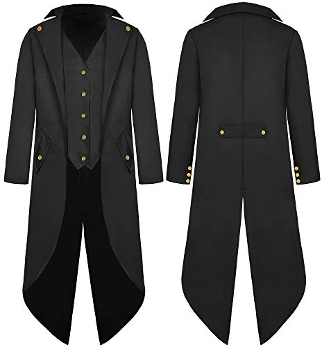Herren Gothic Steampunk Frack Mittelalter Viktorianischen Vintage Jacke mit Waistcoat Gehrock Uniform Karneval Fasching Halloween Cosplay Kostüm G007BL