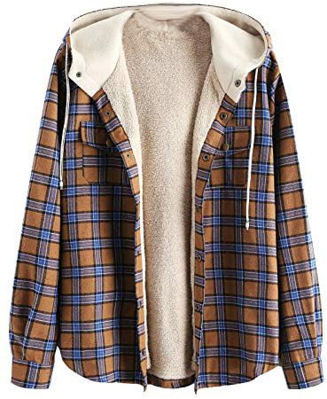 Onsoyours Chemisier à Carreaux Chemise Femme Blouse Chic avec Bouton en Flanelle à Manches Longues Retroussée Style de Boyfriend Casual Veste Polaire avec Capuche B Bleu Jaune XS