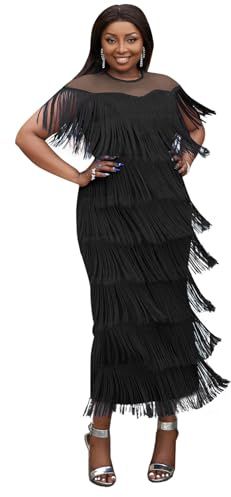 AOMEI Robe Longue en Maille Transparente à col Rond et Franges à Volants pour Femme, Noir, Taille 3XL