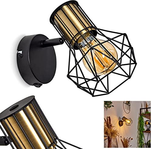 Vägglampa Bardhaman, justerbar vägglampa i metall svart/mässing, 1-lampa, E27, utan glödlampa, retro/vintage väggspot i gallerdesign med on/off-omkopplare på höljet och ljuseffekt