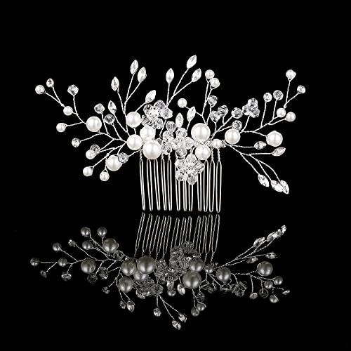 Haarkamm Haarschmuck Braut Hochzeit Haarkämme Frauen Strass Perle Braut Haarschmuck Silber Blume Silber Kristall Hochzeit Haar Perlen Schmuck für Brautfrauen Mädchen Brautschmuck Haare