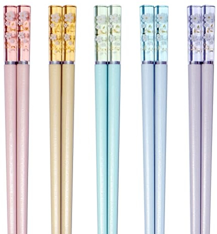 HELERKOL 5 Pairs Fiberglass Chopsticks - Amber Cherry Blossom Pattern, Multicolor - Japanese & Korean Chopsticks - Reusable, Dishwasher Safe - Yellow, Pink, Blue, Green, Purple