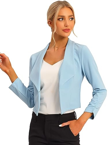 Allegra K Blazer Court Femme pour Bureau & Travail Veste Cintré à Manches Longues avec Revers Cranté Devant Ouvert sans Bouton Bleu Clair S