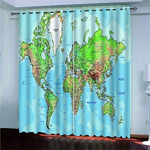 Vorhang Kinderzimmer Weltkarte Kinder Vorhänge Mit Ösen Polyester Gardinen Thermovorhang Blickdicht Ösenschal Kindergardinen 183 (B) X 214 (H) cm Für Wohnzimmer,2Er Set