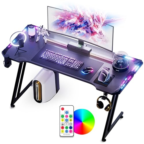 Gamtimer Gaming Tisch,160X60cm Gaming-Schreibtisch mit LED-Leuchten,Carbon Fiber Surface RGB Gaming Computer Tisch, 384 Farbmodus mit Fernbedienung, Tassenhalter und Kopfhörerhaken