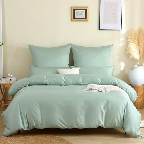 SOULFUL Kühlend Bettwäsche 135x200 Baumwolle, Mako Satin Bettwäsche-Sets mit Reißverschluss, Zertifiziert Oeko-TEX, Enthält 1 Bettbezug 135x200 und 1 Kissenbezug 80x80, NebelGrün