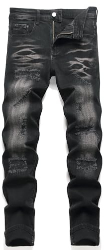 AITITIA Men's Patch Ripped Regular Fit Stretch Jeans, 1901 Black, 40