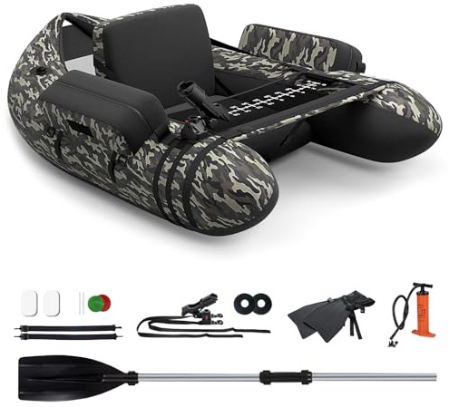 GYMAX Aufblasbares Angelboot, tragbares Belly Boat inkl. Pumpe, Paddel & verstellbaren Schultergurten, Fischerboot mit Fischlineal, Schlauchboot bis 150 kg belastbar (Tarnung)