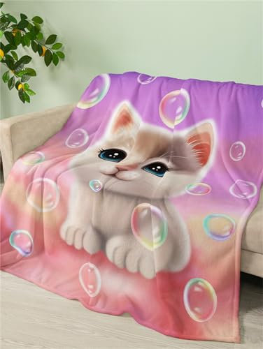 Kuscheldecke Lila Katze Rosa Decke Flanell Decken für Sofa Kuscheldecken Flauschig Sofadecken Weich Decke für Sofa Waschbar Tagesdecke Warm Wohnzimmerdecke 180x200cm