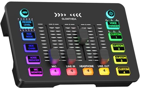 Glomtheia Gaming Sound Board Audio Interface Voice Changer for PC PS5 | Individual Controls for Headphones/Microphone, RGB Lighting, Noise Cancellation