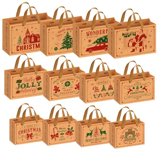 12 Piezas Bolsas Regalo Navidad, Grandes Medianas Pequeñas Diferentes Tamaños Bolsa de Papel Kraft con Asas, Bolsas para Regalos Reutilizable, Saco Presente Natal (33x11x23cm/28x10x20 cm/23x9x18cm)