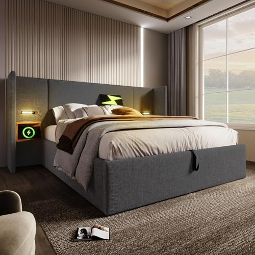 BXEYXE klädselsäng dubbelsäng 180 × 200 med sängbord. Lä och USB Type-C laddningsfunktion. Sängsystem, förvaringssäng, sängram med ribbotten av massivt trä och metall. Grå. Linne (utan madrass)