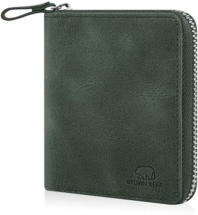 BROWN BEAR Geldbörse Reißverschluss Leder Vintage Olive für Damen & Herren | RFID-Schutz Portemonnaie mit Münzfach | Zip Geldbeutel Echtleder | BB Design 8009 GN